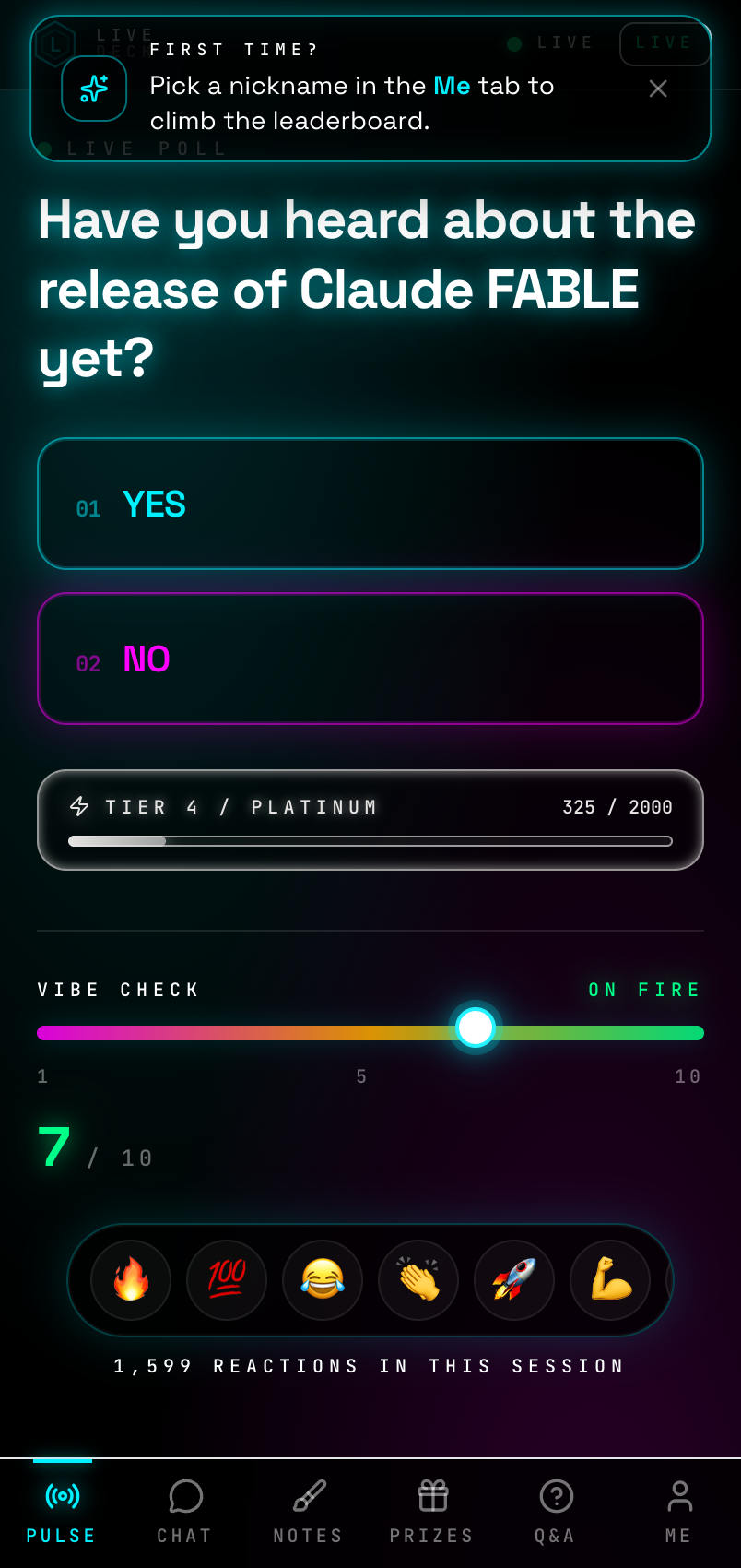 Attendee phone view with poll, hype train, vibe check and reactions