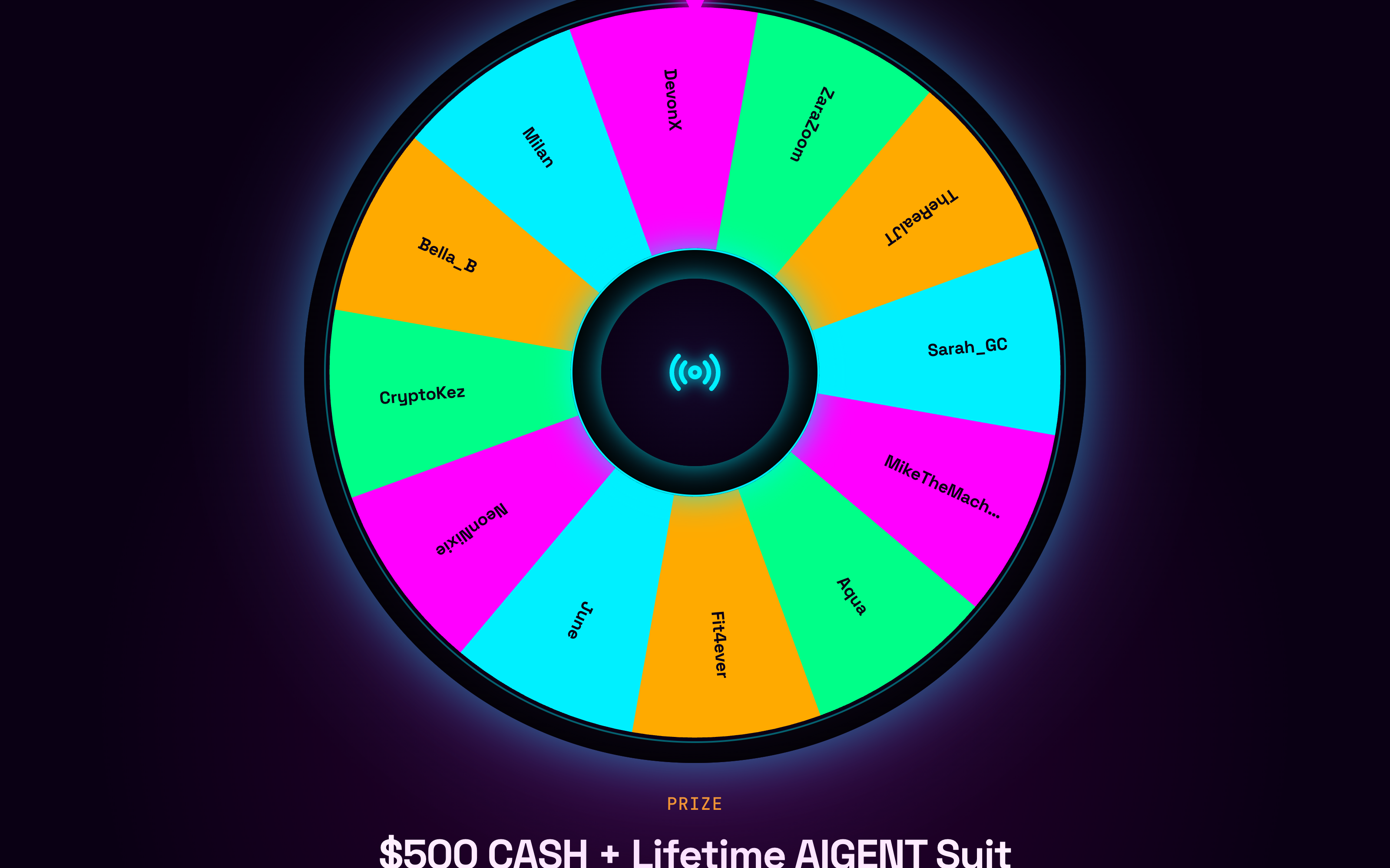 Prize wheel with every attendee name as a segment, prize $500 cash plus lifetime access